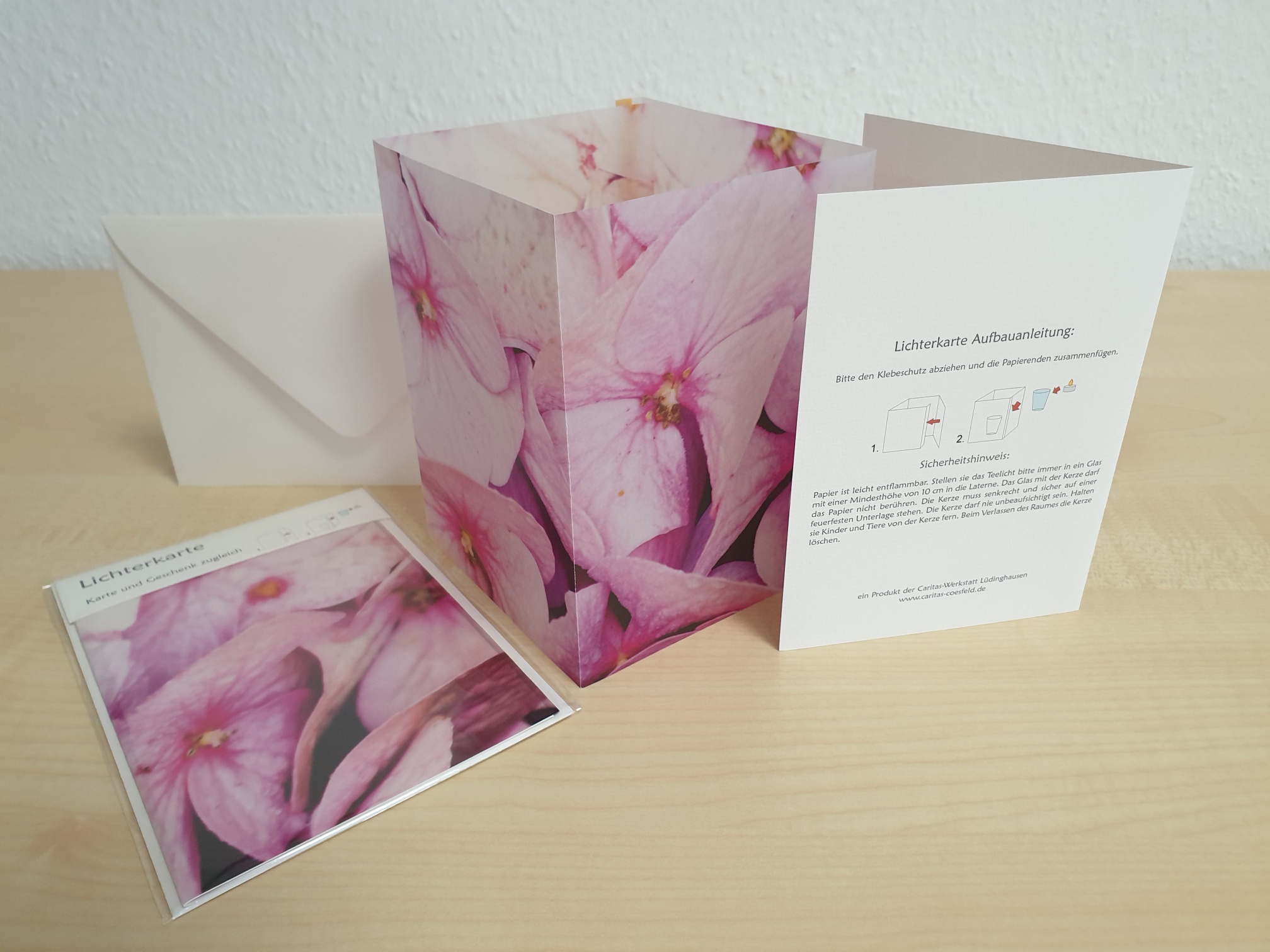Lichterkarte "Hortensien rosa“, komplett